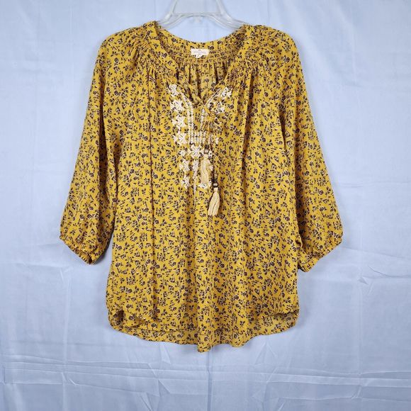 MASON & BELLE Boho Cowgirl Peasant Top Embroidered Yellow Ditsy Floral Size 1X - Picture 1 of 10